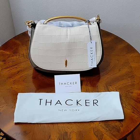THACKER Leather Nola Shoulder/Crossbody Bag, Flap over, White/Taupe, NWT - Picture 1 of 16